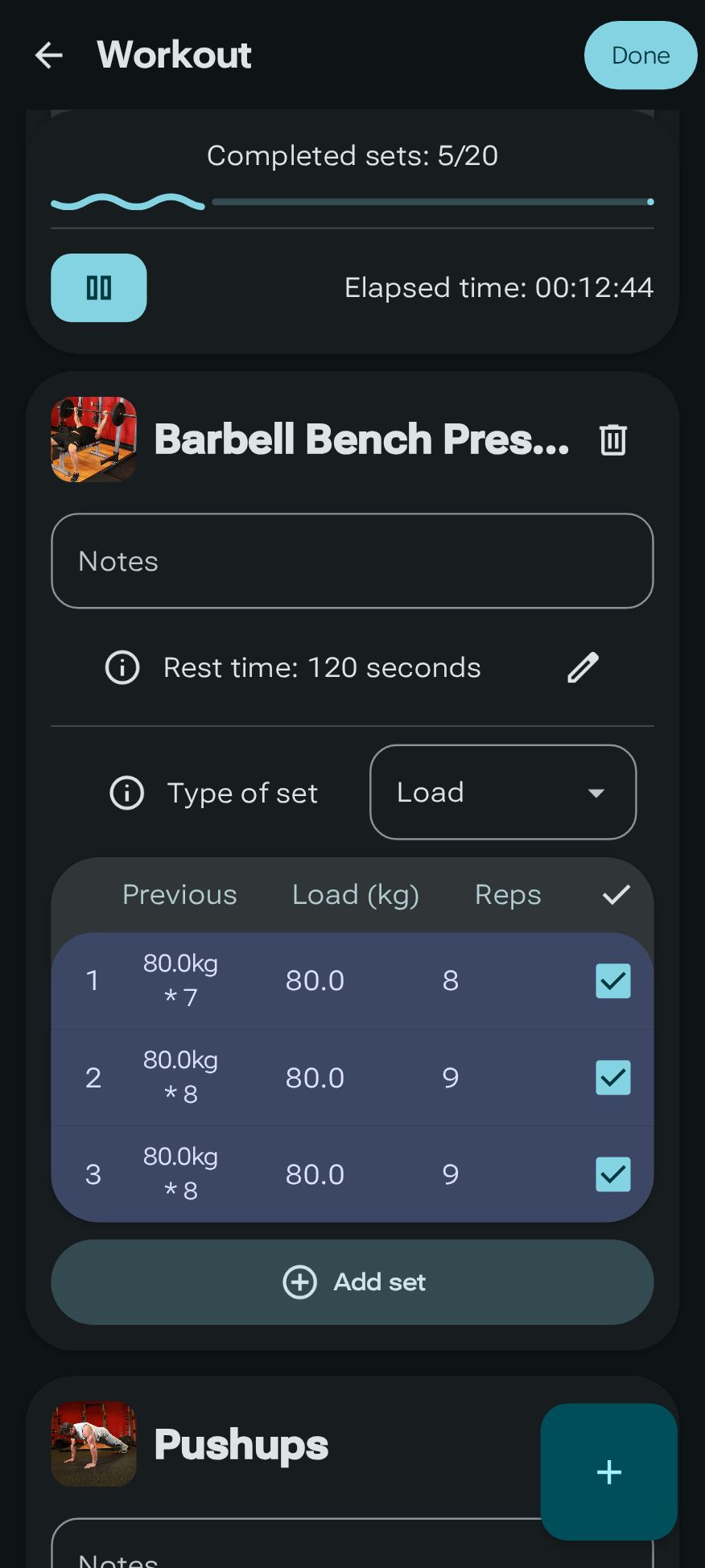 LibreFit app screenshot during a workout loggin showing an exercise with its sets.